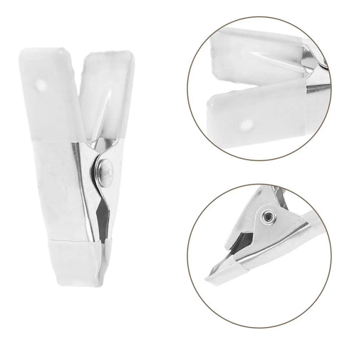 Cool 12 Piece Heavy Duty Metal Spring Clamp Kit For Woodworking, DIY Crafts And Clothesline Hanging With White Plastic Coating Tough Aframe Clips That Are Super Durable And Ready To Slam Home close-up of white-coated metal spring clamp