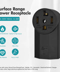 Heavy-Duty NEMA 14-30R Receptacle, 30A 125/250V, 3-Pole 4-Wire Surface Mount Power Receptacle For Electric Ranges, Black.