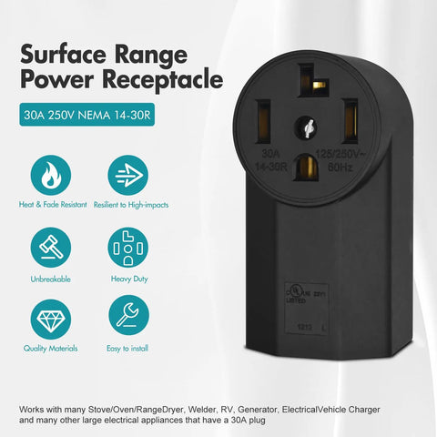 Heavy-Duty NEMA 14-30R Receptacle, 30A 125/250V, 3-Pole 4-Wire Surface Mount Power Receptacle For Electric Ranges, Black.