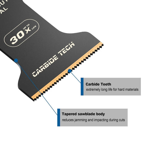 Close-up of EZARC carbide oscillating saw blade with carbide teeth and tapered body, 3-pack