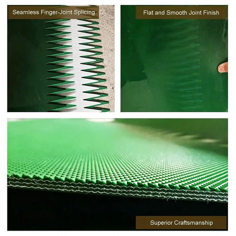 Wide Green PVC Conveyor Belt For Packaging Lines And Home Use, showing seamless finger-joint splicing and flat joint finish.