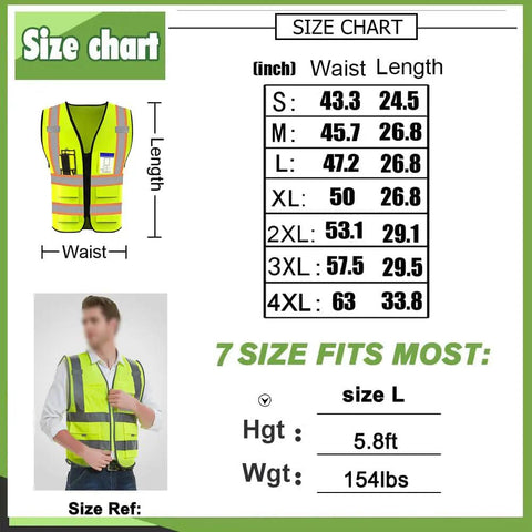 Size chart for No Sweat High Visibility Reflective Safety Vest With Custom Logo And Deep Pockets Super Snag Free Mesh Neon Blue Crew Wrap Rock Solid 4XL.
