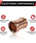 Close-up of a copper press coupling, 20 Pack 3 Inch X 3 Inch Copper Press XL Coupling No Stop Press Fit Plumbing Pipe Connector.