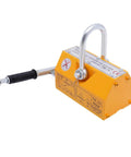 Heavy Duty Steel Magnetic Lifter delivering rock solid 880 lb permanent magnet grip with U loop shackle hook, yellow steel design.