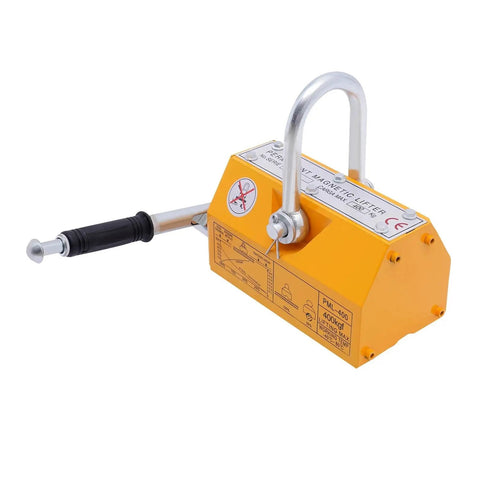 Heavy Duty Steel Magnetic Lifter delivering rock solid 880 lb permanent magnet grip with U loop shackle hook, yellow steel design.
