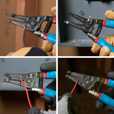 Four views of Built Tough Heavy Duty Wire Cutter And Stripper For 20 To 30 AWG Solid And 22 To 32 AWG Stranded Wire in use.