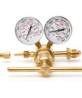 High-pressure nitrogen regulator, brass two-piece with dual 2.5-inch gauges CGA-580, front view
