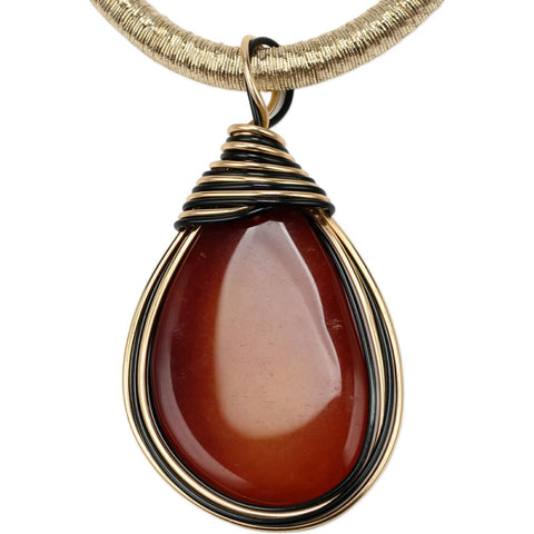 Bold Resin Stone Pendant Necklace With Long Rope Chain For Women Dope Statement Jewelry With Jeweled Metal Wire Accent Durable Wear Fashionable Costume Accessory In Rich Brown