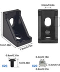Image of Aluminum Extrusion Corner Brackets Kit For 20S Rails 20x28x28mm L Shaped Brackets with 40 M5 nuts and bolts measurements.