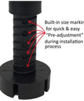 Close-up of Heavy Duty Cabinet Leveler Legs 12 Pack, 330 Lb Per Leg, Adjustable Height From Three And Seven Eighths Inches To Six Inches with size markings