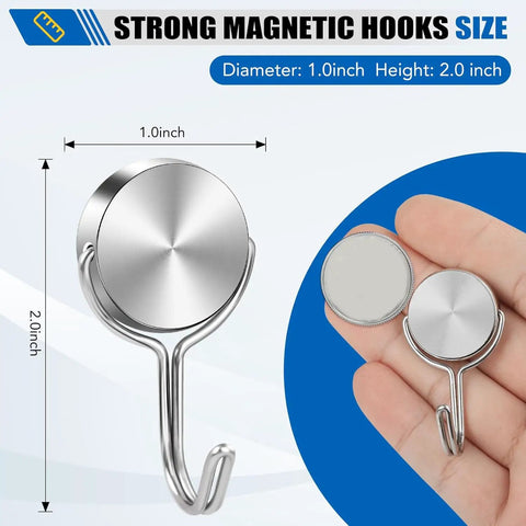 Heavy Duty Swivel Magnetic Hooks With A Killer 60 LB Hold Perfect For Cruise Cabins And RV Travel Gear Hangs Tough No Sweat Easily Rotates For Quick Access Makes Home Organization A Breeze All Around, showing size details.