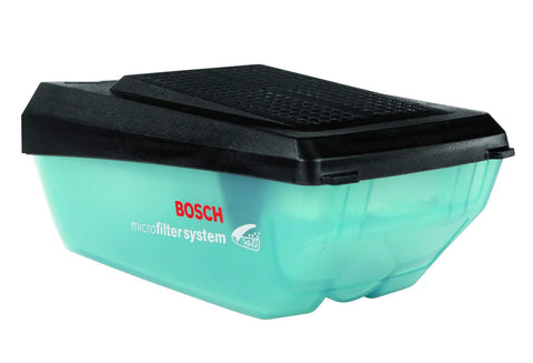 Close-up of Bosch microfilter system for dust control with black lid, designed for use with 5 Inch Palm Random Orbit Sander Polisher.