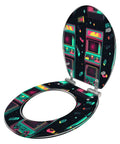Seamless Toilet Seat, Bathroom with colorful retro gaming design, adjustable for various toilet sizes, stylish addition.