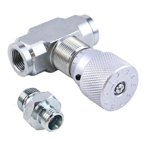 HOLDWELL 3/8 in hydraulic flow control valve with knurled adjustment knob and threaded adapters (two pieces)