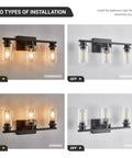 Sleek Matte Black 3 Light Vanity Light With Clear Glass Shades For Bathroom, shown in four installation options.