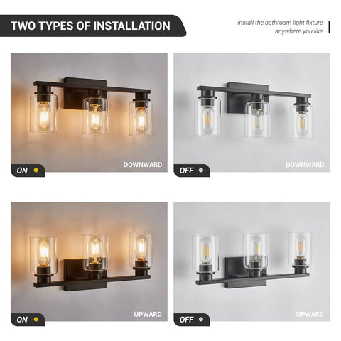 Sleek Matte Black 3 Light Vanity Light With Clear Glass Shades For Bathroom, shown in four installation options.