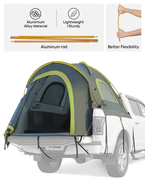 Five Foot Pickup Truck Tent 2.0 setup on truck bed, showing green 210D Oxford shell, aluminum poles, rainfly, and PU2000 waterproofing.