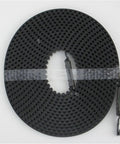 Beefy And Reliable Garage Door Opener Drive Belt Replacement For Belt Drive Openers 233 Inch 20 Grooves Per Six Inches OEM Part Fits 7 Foot Residential Systems From LiftMaster, coiled black belt close-up.