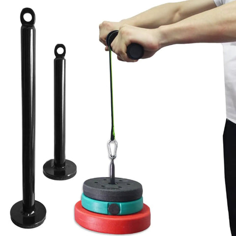 Heavy Duty Dumbbell And Barbell Rack Holder With Weight Plate Loading Pin shown with weights and resistance band for home gym use