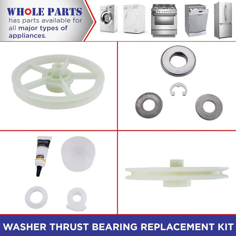 Heavy Duty Washer Thrust Bearing Replacement Kit 12002213 with pulley, thrust bearing, washers, and lubricant.