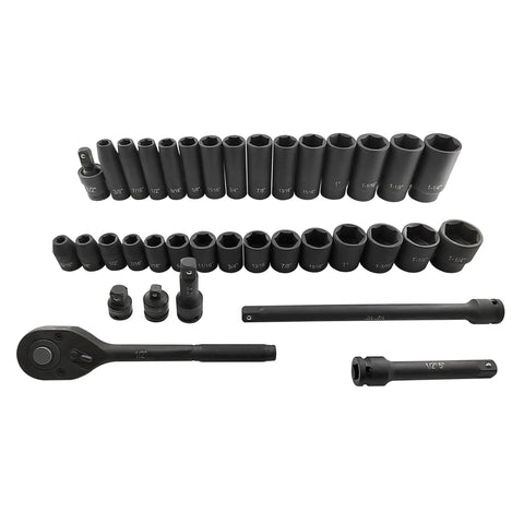 Seventy Piece Half Inch Drive Impact Socket Set with CR V Steel Includes SAE and Metric Standard and Deep Sockets displayed