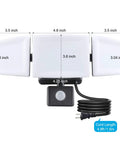 Plug In Outdoor Flood Light With Motion Sensor And Remote Control, 3 heads, dimensions and cord shown, 3500 Lumens, IP65 Waterproof.