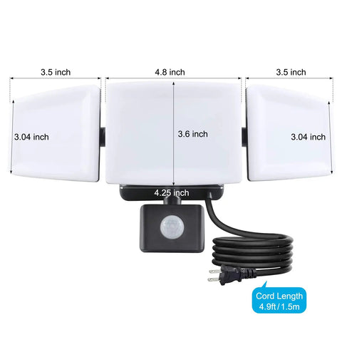 Plug In Outdoor Flood Light With Motion Sensor And Remote Control, 3 heads, dimensions and cord shown, 3500 Lumens, IP65 Waterproof.