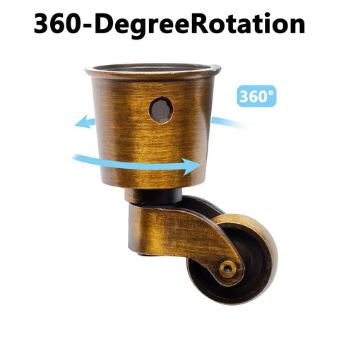 Antique Brass Caster Cups Set showcasing 360-degree swivel in zinc alloy, 65.5mm wheels, for vintage furniture makeover.