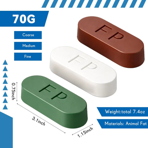 Three polishing compound bars in coarse, medium, and fine grits, labeled FP, made from animal fat, size details included.