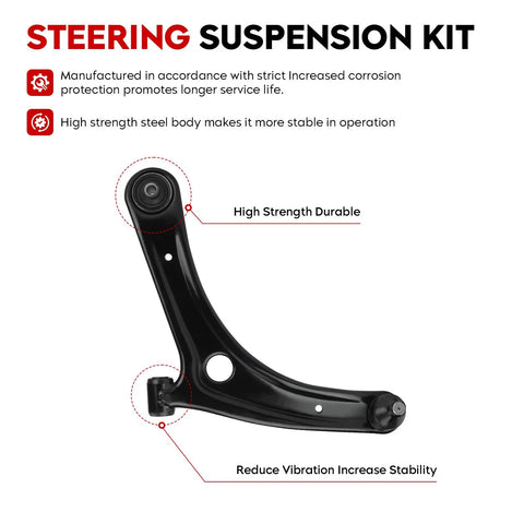 Front Lower Control Arm Suspension Kit With Heavy Duty Ball Joint Tie Rods For 2007 2017 Jeep Compass Patriot And 2009 2012 Dodge Caliber Front End Replacement Eight Piece Set K620065 K620066 showing high strength material.