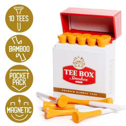 Tee Box Smokes Premium Bamboo Golf Tees Magnetic Reusable Tee Case Two And Three Quarters Inch Eco Friendly Bamboo Tees Funny Golf Gift For Men And Women Golf Accessories 10 Tees displayed with case open