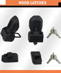 Anti Theft Hood Lock Latch Kit for Jeep Wrangler JL JT Gladiator 2018 2019 2020 2021 2 Door and 4 Door Locking Hood Latches With Keys Prevent Battery Theft And Vandalism On Your Ride showing latches and keys