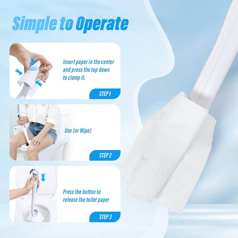 Butt Wiper Tool With Replaceable Head And 16.5 Inch Handle Locking Mushroom Head Toilet Aid, instructions displayed.