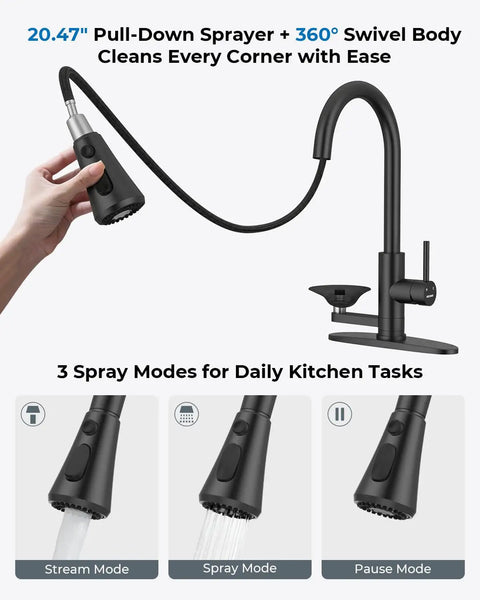 Kitchen Faucet with Glass Rinser, Pull Down Sprayer, 3 Water Modes with 20.47" hose and swivel body for easy cleaning.