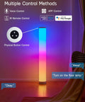 Lit RGBIC Color Changing Floor Lamp 2 Pack With WiFi App And Remote showing controls and voice command options in living room.