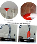 DIY Friendly Pipe Sealing Tape Self Adhesive Sealant For Leak Stop And Plumbing Repairs Flexible Waterproof Tape For Home Use Easy To Apply Duct Tape For Faucets Pipes Joints And Household Leaks shown in before and after repair on pipes and faucet.