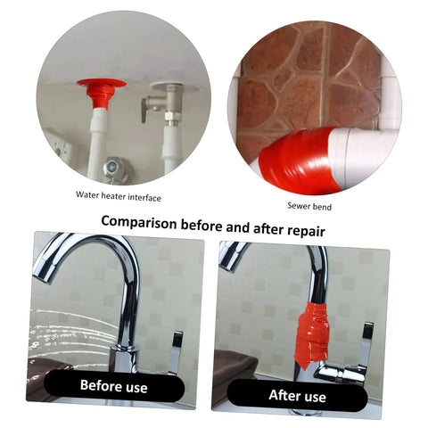 DIY Friendly Pipe Sealing Tape Self Adhesive Sealant For Leak Stop And Plumbing Repairs Flexible Waterproof Tape For Home Use Easy To Apply Duct Tape For Faucets Pipes Joints And Household Leaks shown in before and after repair on pipes and faucet.