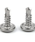 Badass 100 Pack Number 8 X Half Inch 410 Stainless Wafer Head Phillips Self Drilling Sheet Metal Tek Screws close-up view.