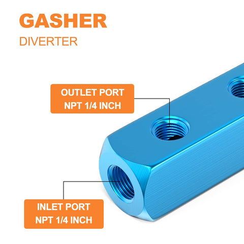 Aluminum Air Manifold Five Port Pneumatic Splitter for Air Compressors with 1/4 Inch Ports in Blue Aluminum Block, 120 PSI