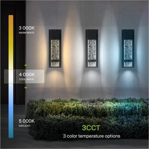 Bubble Glass Outdoor LED Wall Light 13 Inch Dusk to Dawn Sconce with 3CCT color temperature options on display
