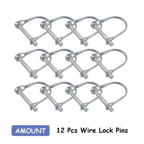 12 zinc-plated wire lock pins for secure installation, showing loop design. Beefy Built Tough Heavy Duty Safety Coupler Hitch Pins 1/4 X 1-3/4 Inch Zinc Plated For Rust Resistant Trailering, Made From High Strength Spring Steel And Carbon Steel, Easy Install And Secure Locking, Durable Trailer Accessory in a set of twelve.