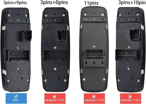 Diagram showing fit compatibility for the Front Left Power Window Master Switch for 2012-2015 Dodge Grand Caravan and Ram models.