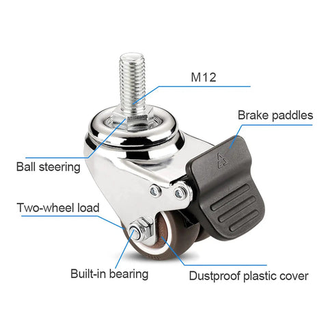 Heavy Duty Caster Wheels With Lockable Bearings For Furniture And Industrial Trolleys, 40mm swivel caster with brake paddles and chrome finish