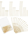 Real 14K Gold Plated Brass Pins Set Dope 180 Pcs 9 Styles Eye Pins Ball Head Pins Flat Head Pins 24 Gauge Eye Pins 23 Gauge Flat Pins For DIY Jewelry Making Earring And Bracelet Crafter Kit, assorted pins in box