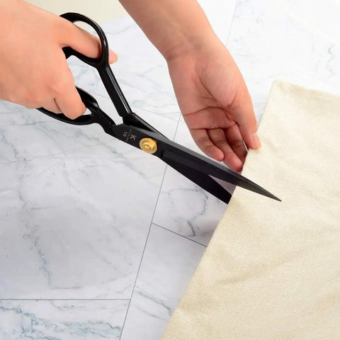 Heavy Duty Fabric Scissors 10 Inch Multi Purpose Sewing Shears for Fabric Leather Denim Canvas Cardboard and More with Sharp Stainless Steel Blades and Ergonomic Grips for Tailors and DIY Makers cutting beige fabric