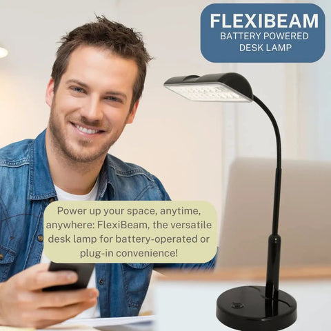 Cordless Desk Lamp With Adjustable Gooseneck next to user showing battery-powered LED light for desks, pianos, and nightstands.