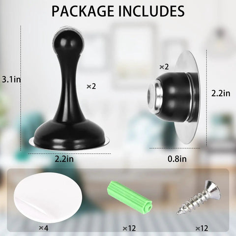 Heavy Duty Magnetic Door Stop Set, 2 Pack, Stainless Steel Black Finish, No Drill Adhesive Door Stops For Wall Or Floor Mount, Strong Tape, Keeps Doors Open, Protects Walls From Slams, package includes 2 stops, adhesive pads, screws.