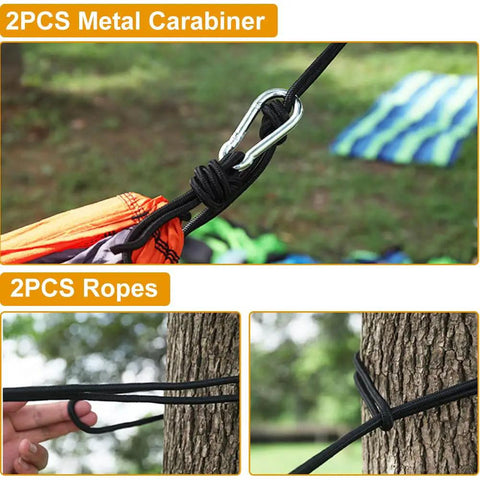 Heavy Duty Camping Hammock With 660Lb Capacity and tree straps showing carabiner and rope attachments on trees