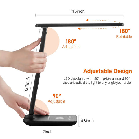 LED Desk Lamp With Wireless Charger And USB Port, Clock, Alarm, Date And Temperature Display, LCD Screen With On Off, Dual Charging For Home Office Or Study, All In One Sleek Black Table Lamp With Modern Design, showing adjustable angles.