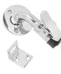 Side view of boat door stopper catch set in polished 316 stainless steel with circular base and mounting plate.